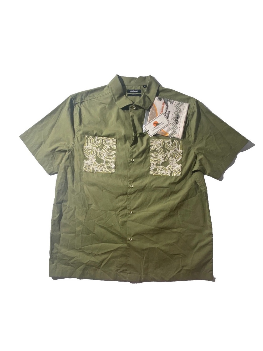 NEW- Size XL Mens Murano Short Sleeve Button Front Shirt w/ Bandana Cotton Sage